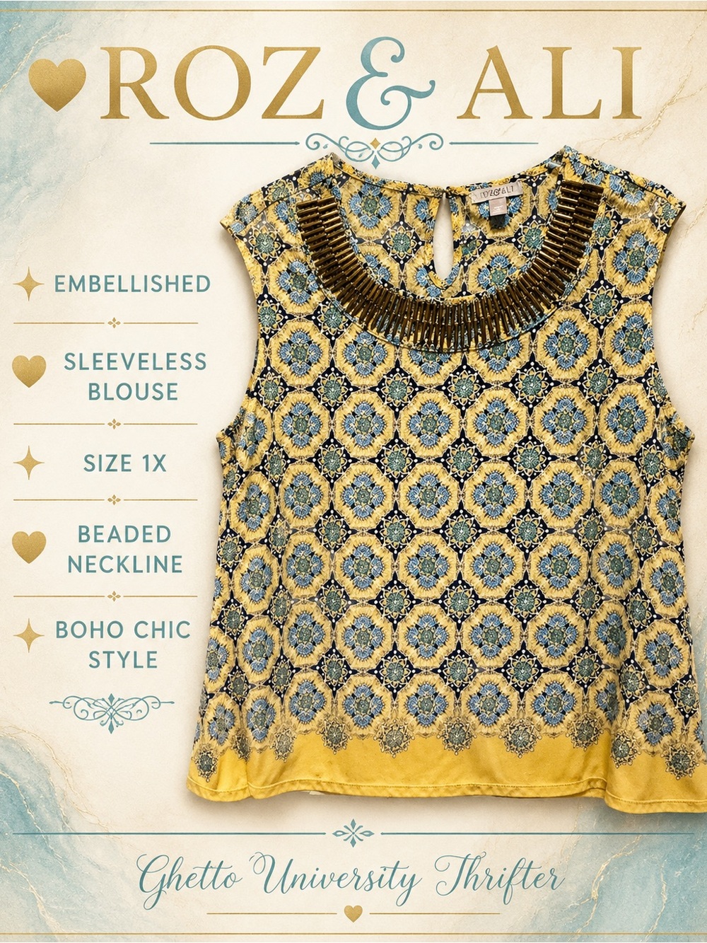 Roz & Ali Yellow Medallion Blouse Sleeveless with Embellished Neckline